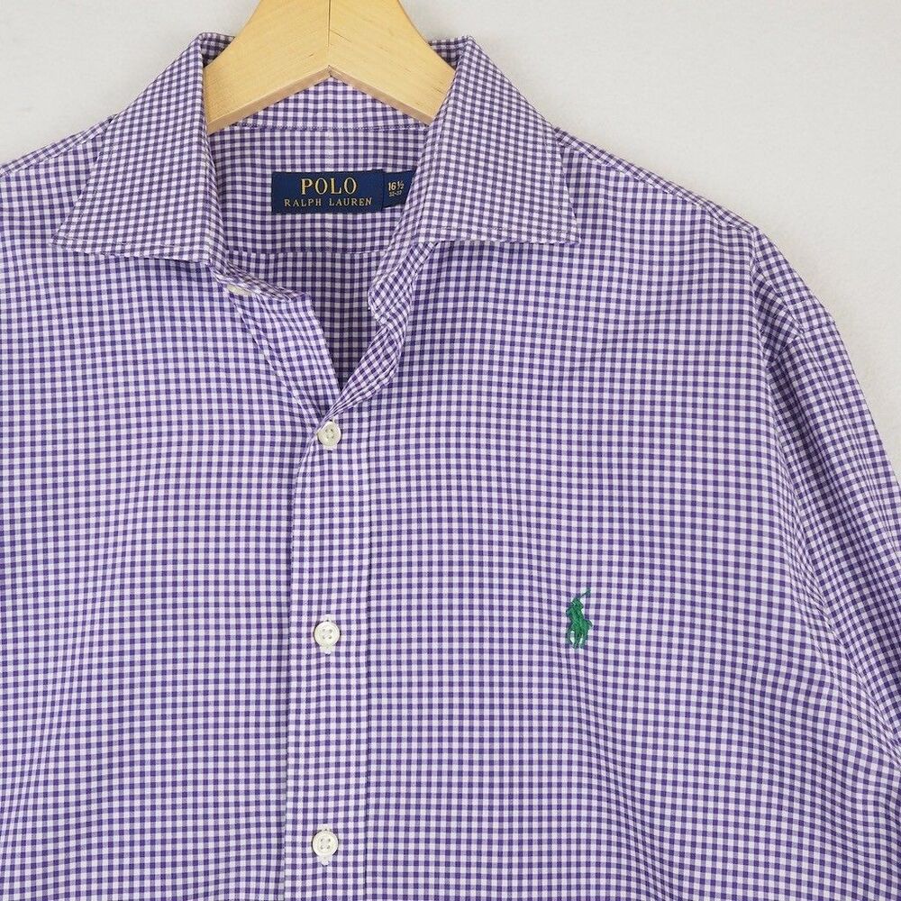 Polo Ralph Lauren Gingham Plaid Dress Shirt Purple Mens 16.5 32/33 Pony Logo
